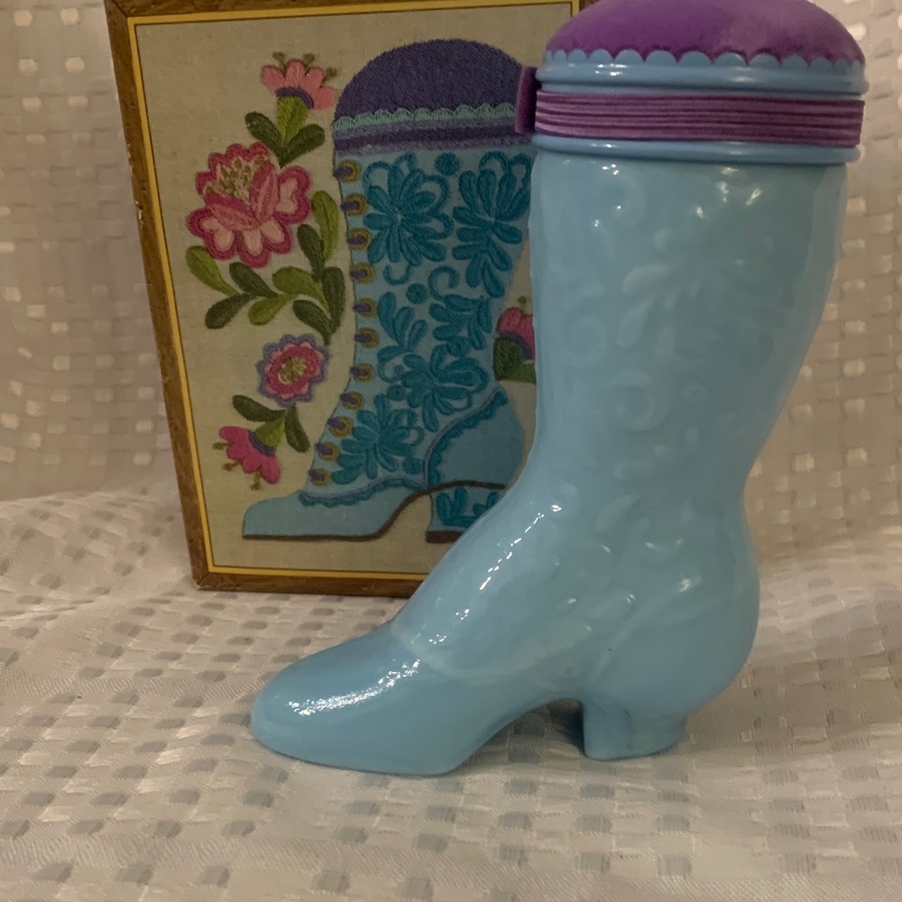Avon Fashion Boot pin cushion, with cologne inside. 5 inches tall.